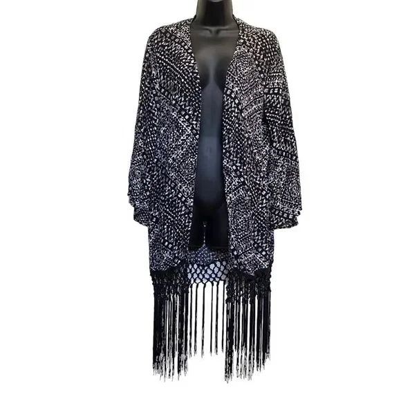 Boom Boom Jeans Abstract Print Macrame Fringe Open Front Cardigan Cover-Up L/XL - Picture 12 of 13